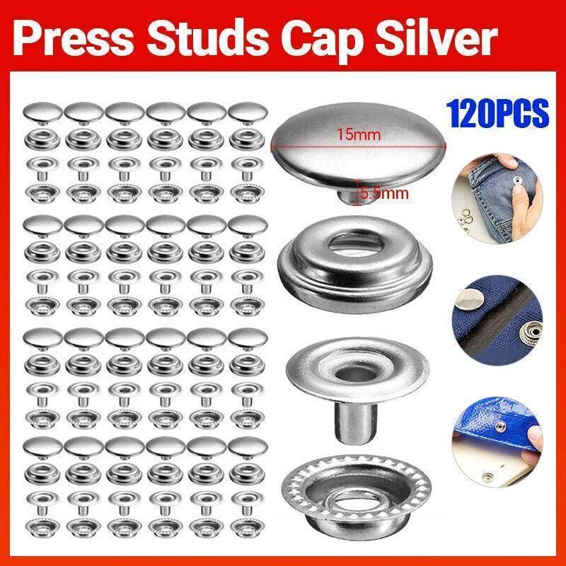 120PCS 15mm Stainless Steel Snap Fasteners Press Studs Cap Button Boat