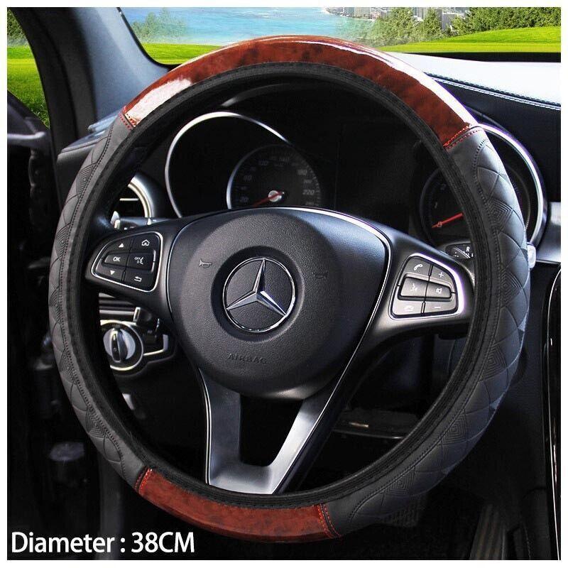 PU Leather Car Steering Wheel Cover With Mahogany Pattern 38cm Anti Slip Grip