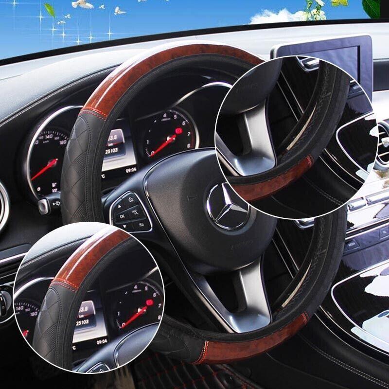 PU Leather Car Steering Wheel Cover With Mahogany Pattern 38cm Anti Slip Grip