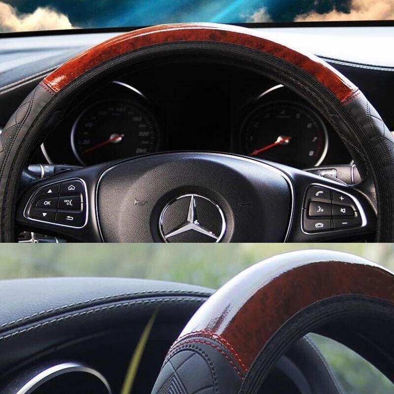 PU Leather Car Steering Wheel Cover With Mahogany Pattern 38cm Anti Slip Grip