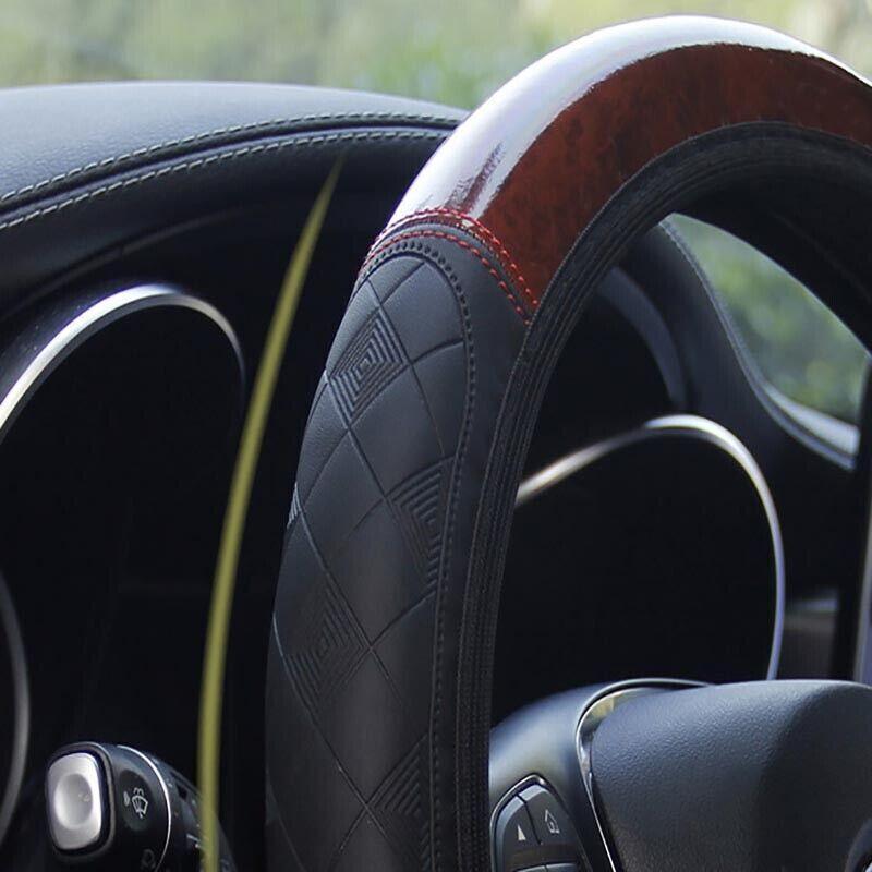 PU Leather Car Steering Wheel Cover With Mahogany Pattern 38cm Anti Slip Grip