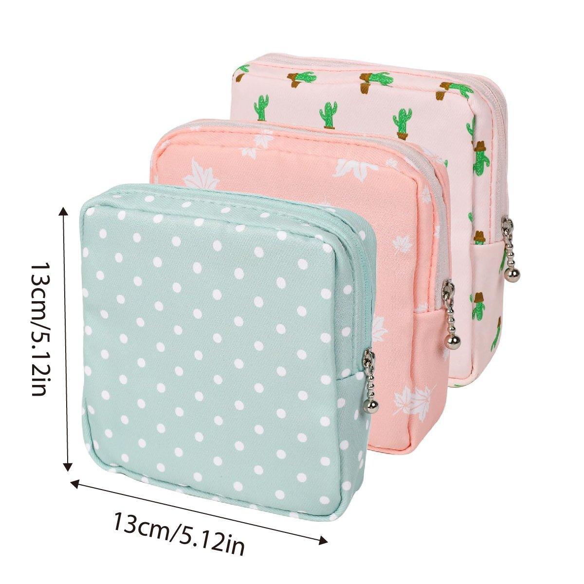 3PCS Cotton Sanitary Napkin Storage Bag Pink Leaves Cactus Dots Portable Pouch