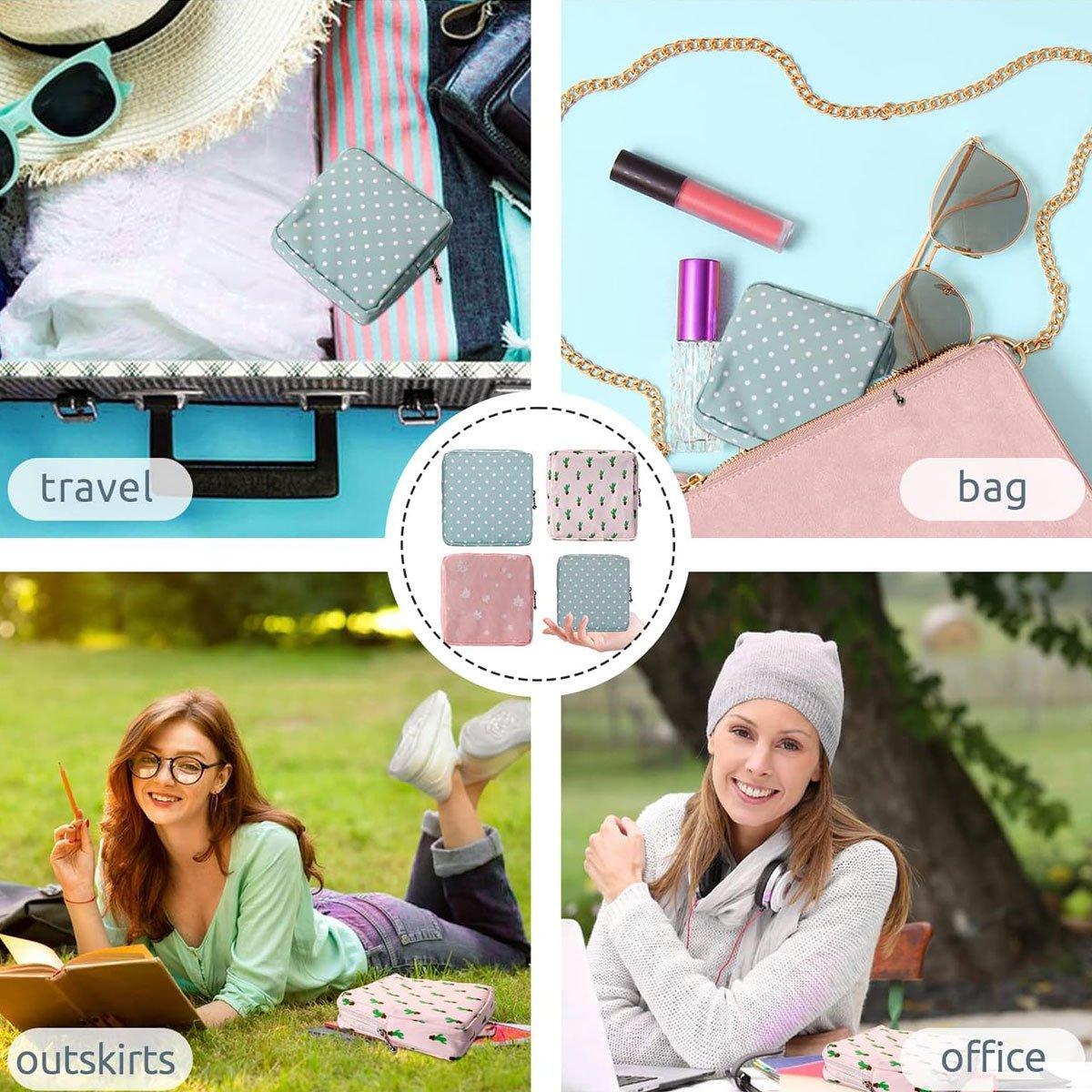 3PCS Cotton Sanitary Napkin Storage Bag Pink Leaves Cactus Dots Portable Pouch