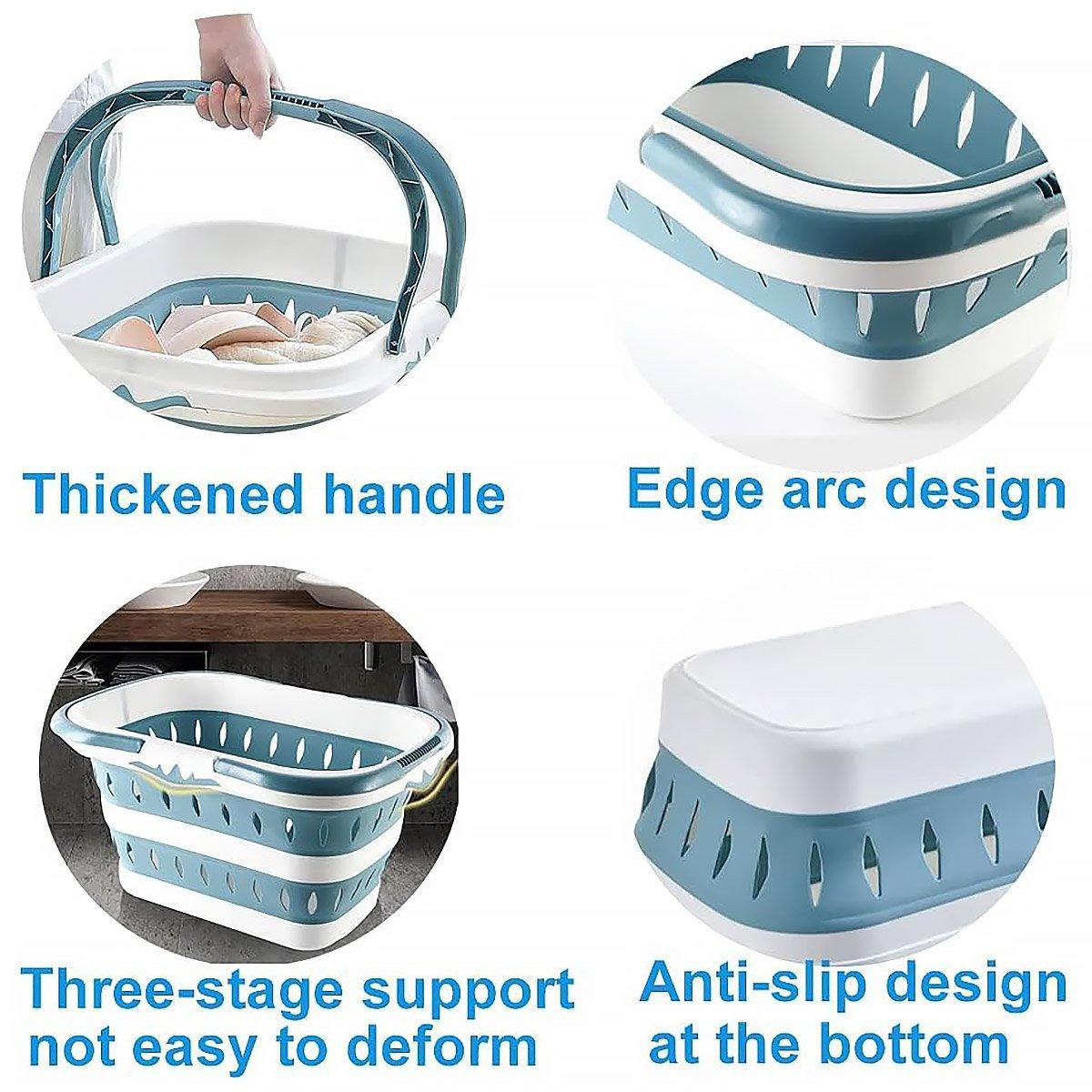 Large Folding Laundry Basket Plastic Dirty Clothes Hamper Blue Bathroom Storage - Blue