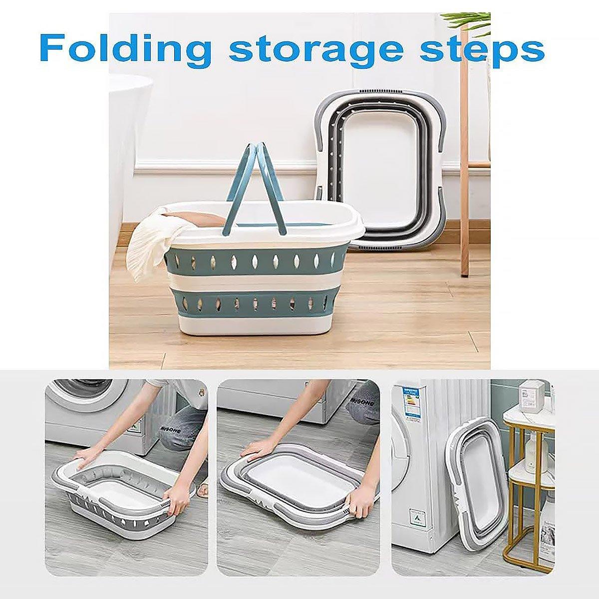 Large Folding Laundry Basket Plastic Dirty Clothes Hamper Blue Bathroom Storage - Grey