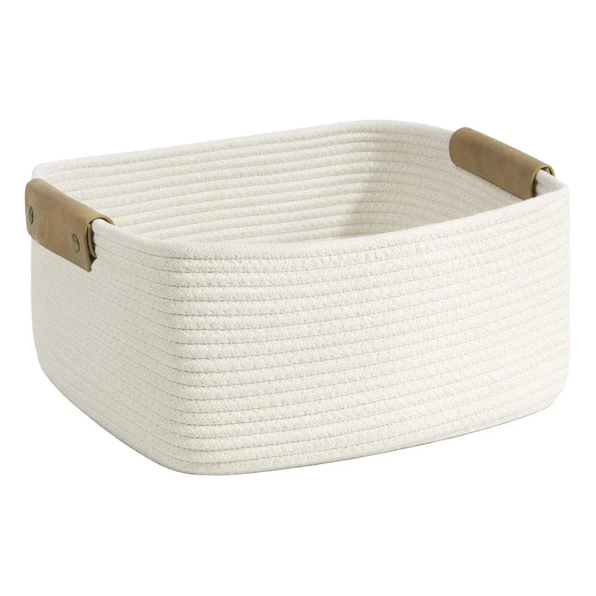1-Piece White Cotton Rope Storage Basket with Handles
