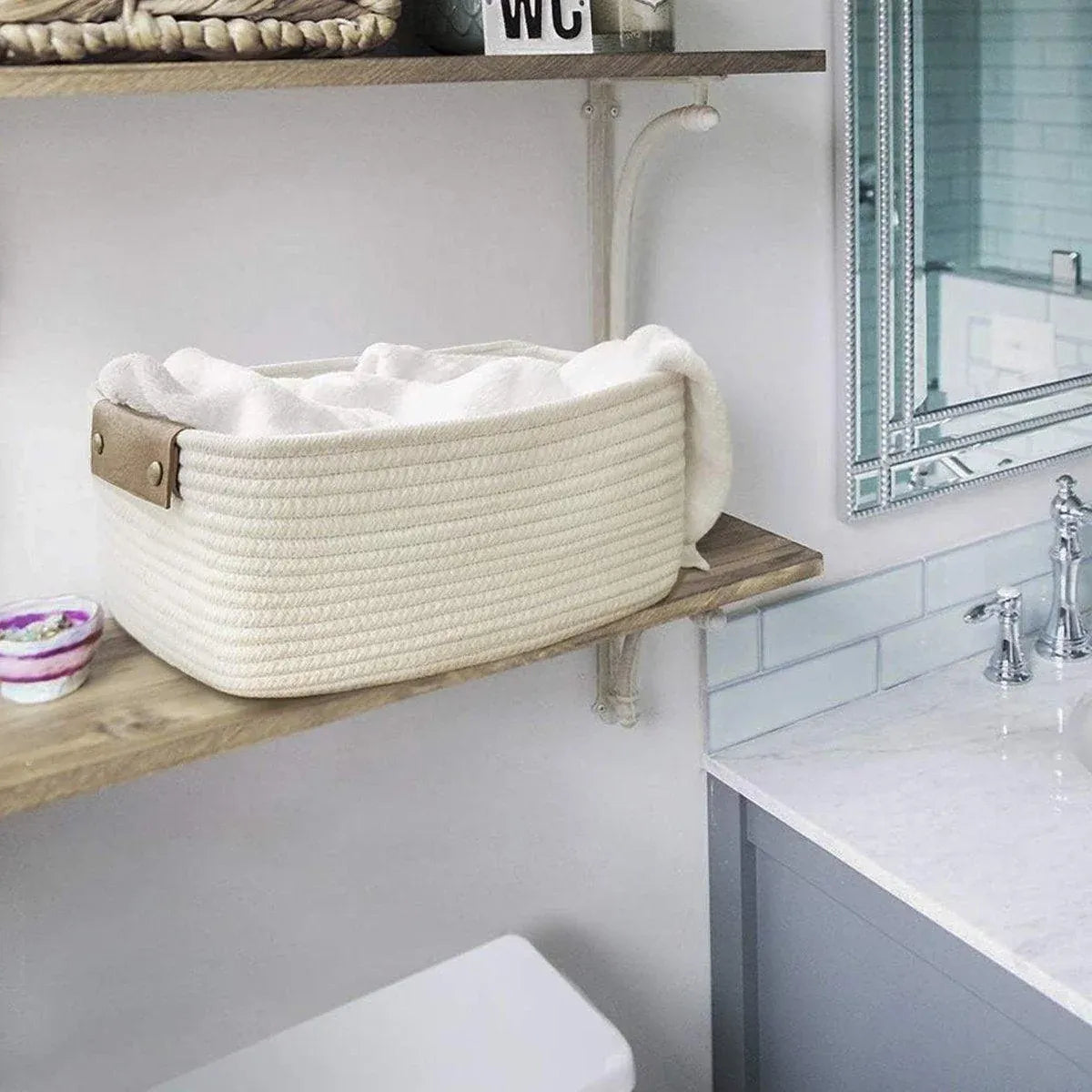 1-Piece White Cotton Rope Storage Basket with Handles