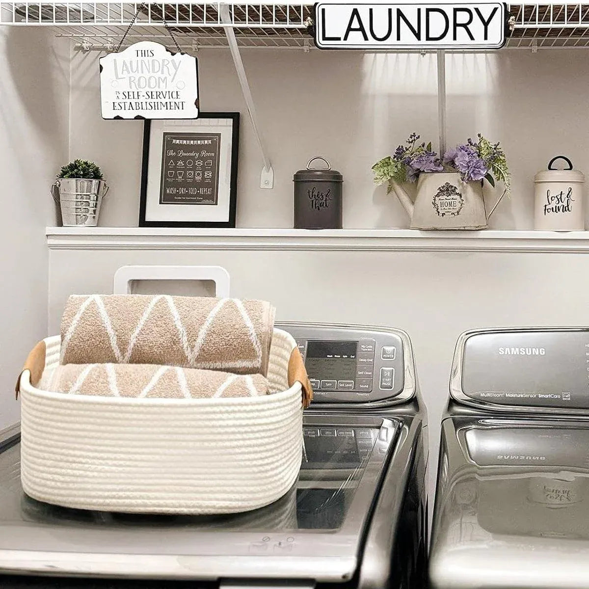 1-Piece White Cotton Rope Storage Basket with Handles
