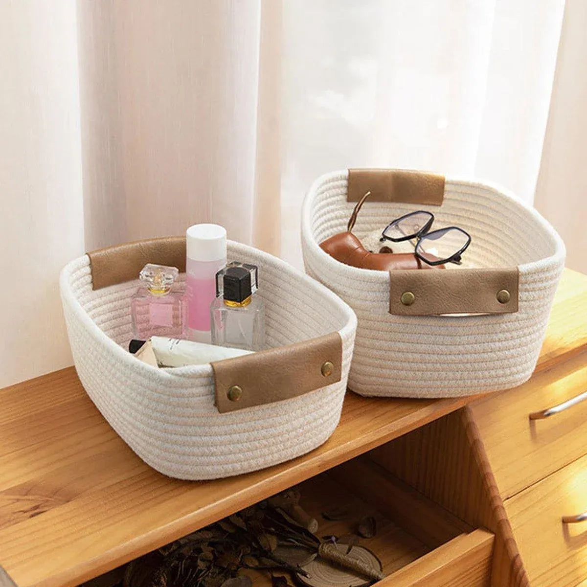 1-Piece White Cotton Rope Storage Basket with Handles