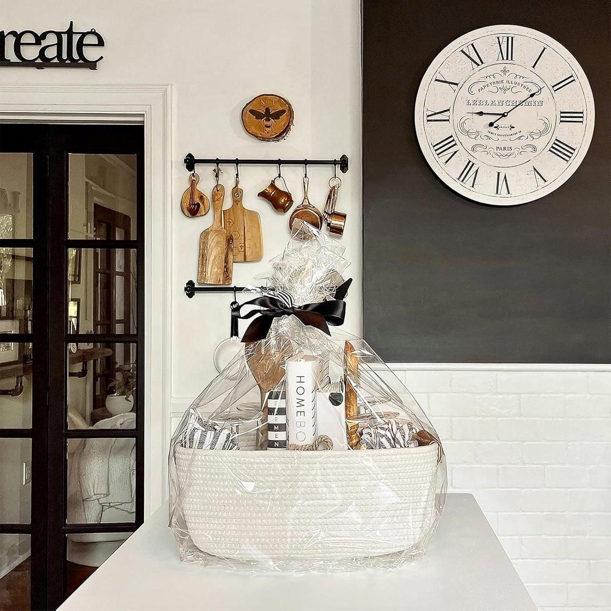 1-Piece White Cotton Rope Storage Basket with Handles