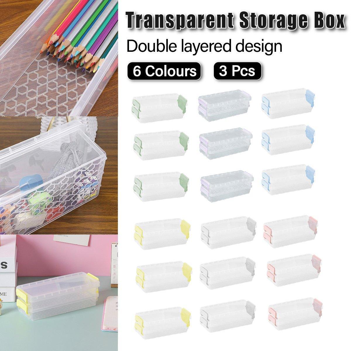 3PCS Clear Plastic Desktop Storage Box 2 Layer Holder DIY Stationery Pencil Case - Yellow