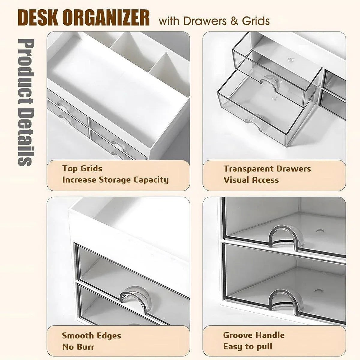 1-Piece Clear Desktop Drawer Organiser with 10 Labelling Cards