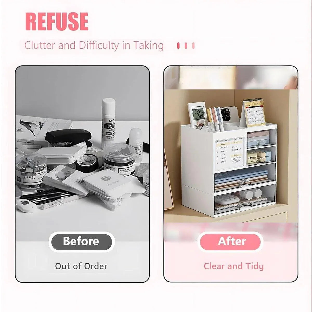1-Piece Clear Desktop Drawer Organiser with 10 Labelling Cards