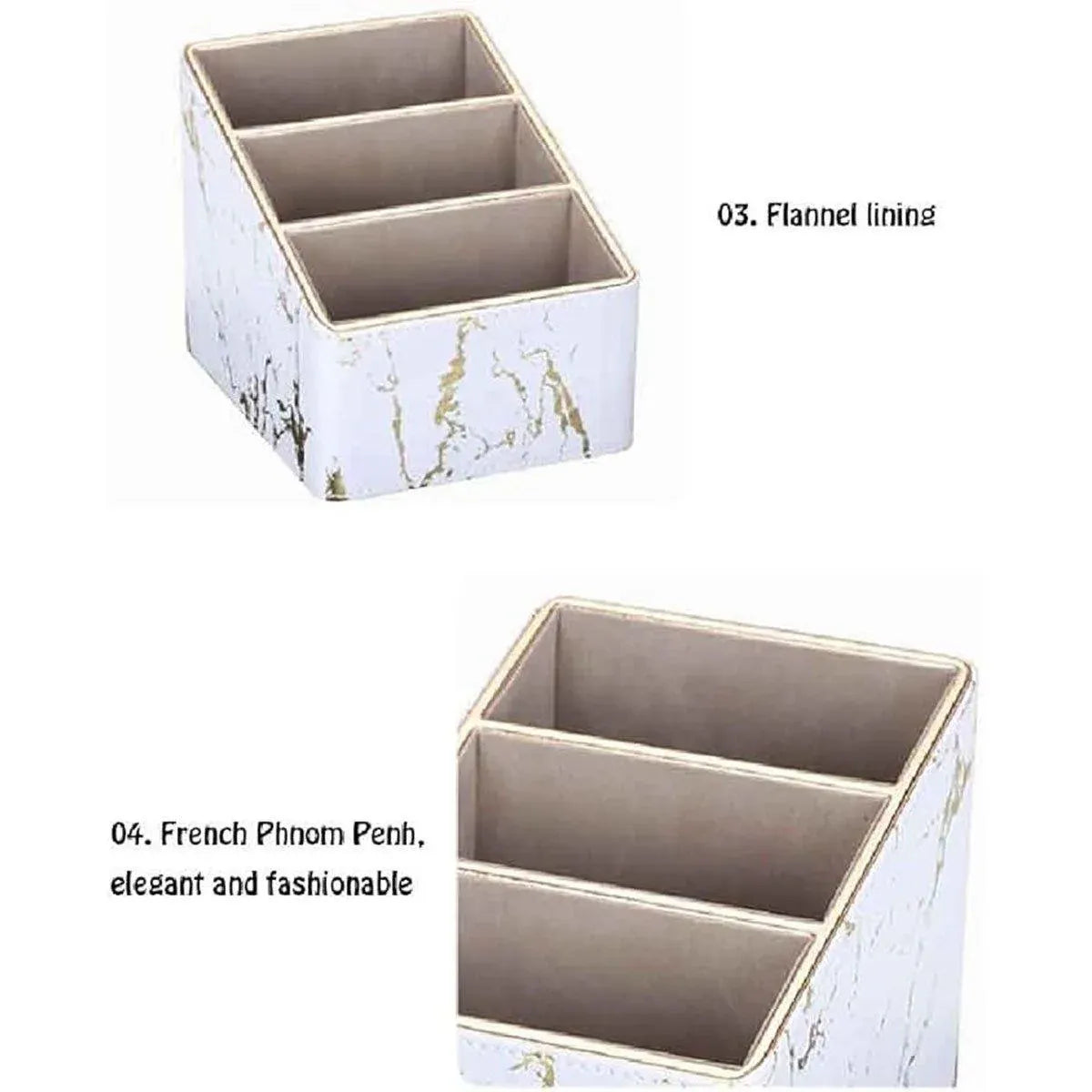 1-Piece White Marble-Pattern Three-Compartment Desktop Organiser