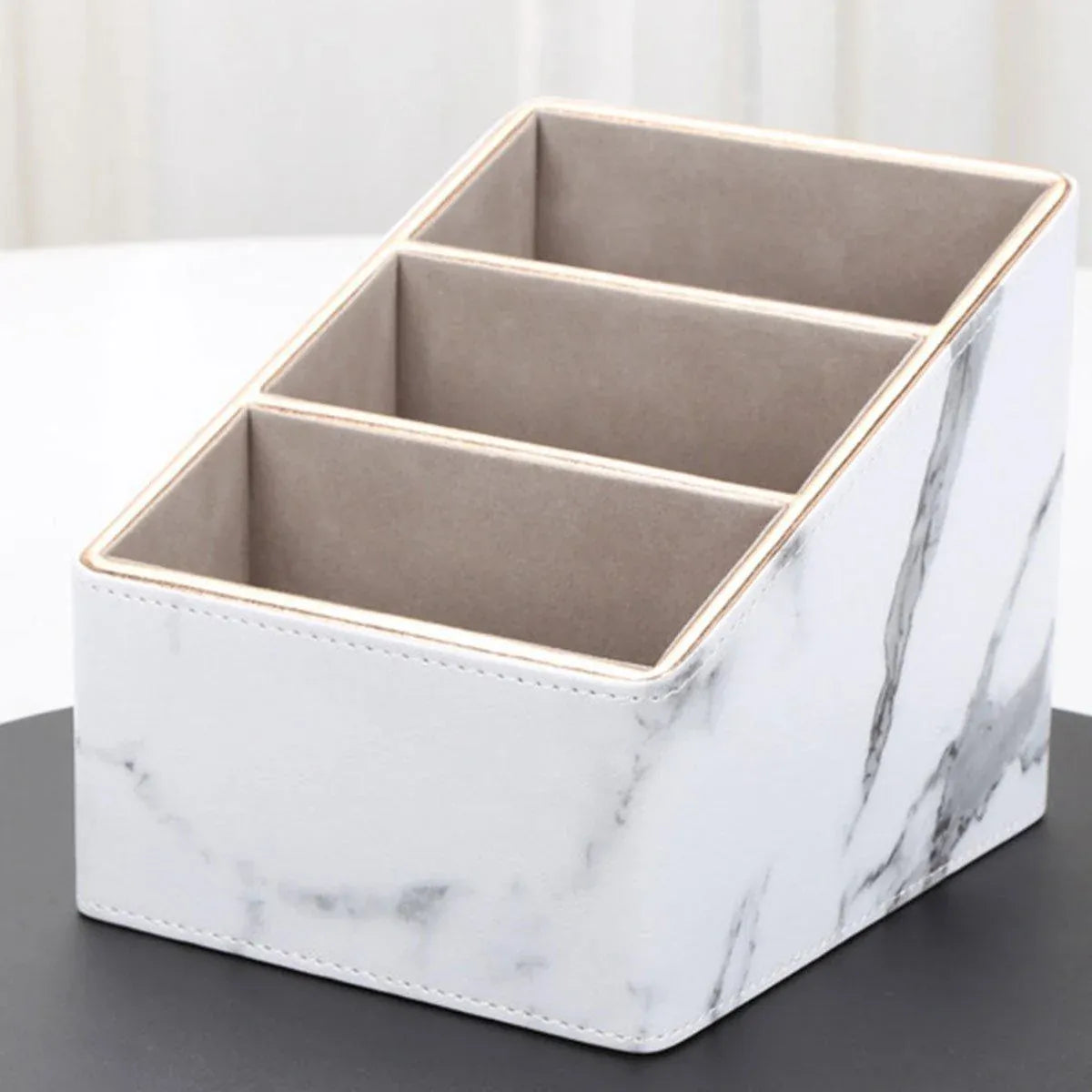 1-Piece White Marble-Pattern Three-Compartment Desktop Organiser