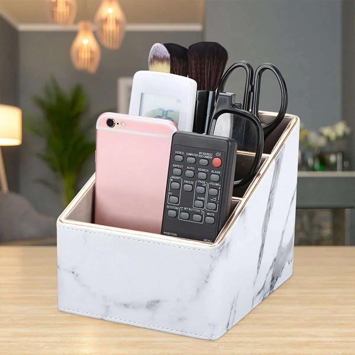 1-Piece White Marble-Pattern Three-Compartment Desktop Organiser