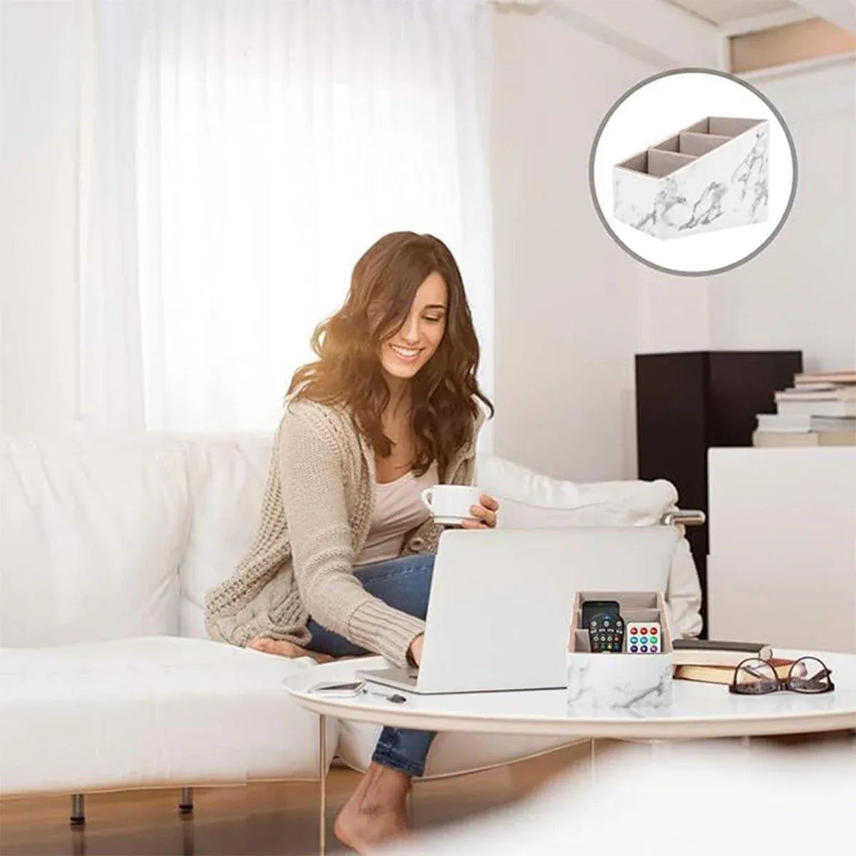 1-Piece White Marble-Pattern Three-Compartment Desktop Organiser