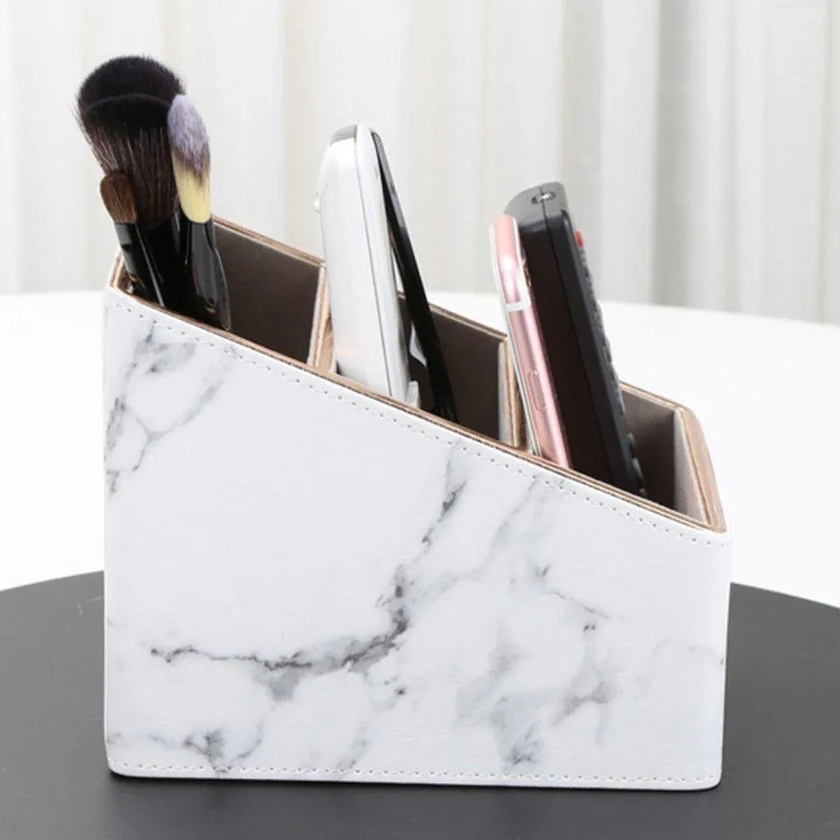 1-Piece White Marble-Pattern Three-Compartment Desktop Organiser
