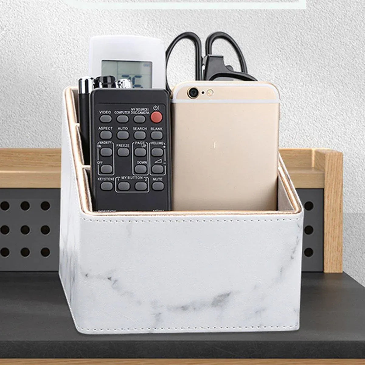 1-Piece White Marble-Pattern Three-Compartment Desktop Organiser