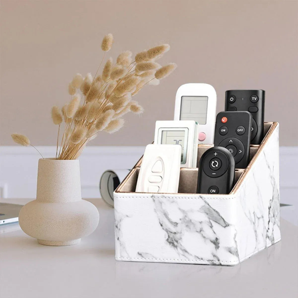 1-Piece White Marble-Pattern Three-Compartment Desktop Organiser