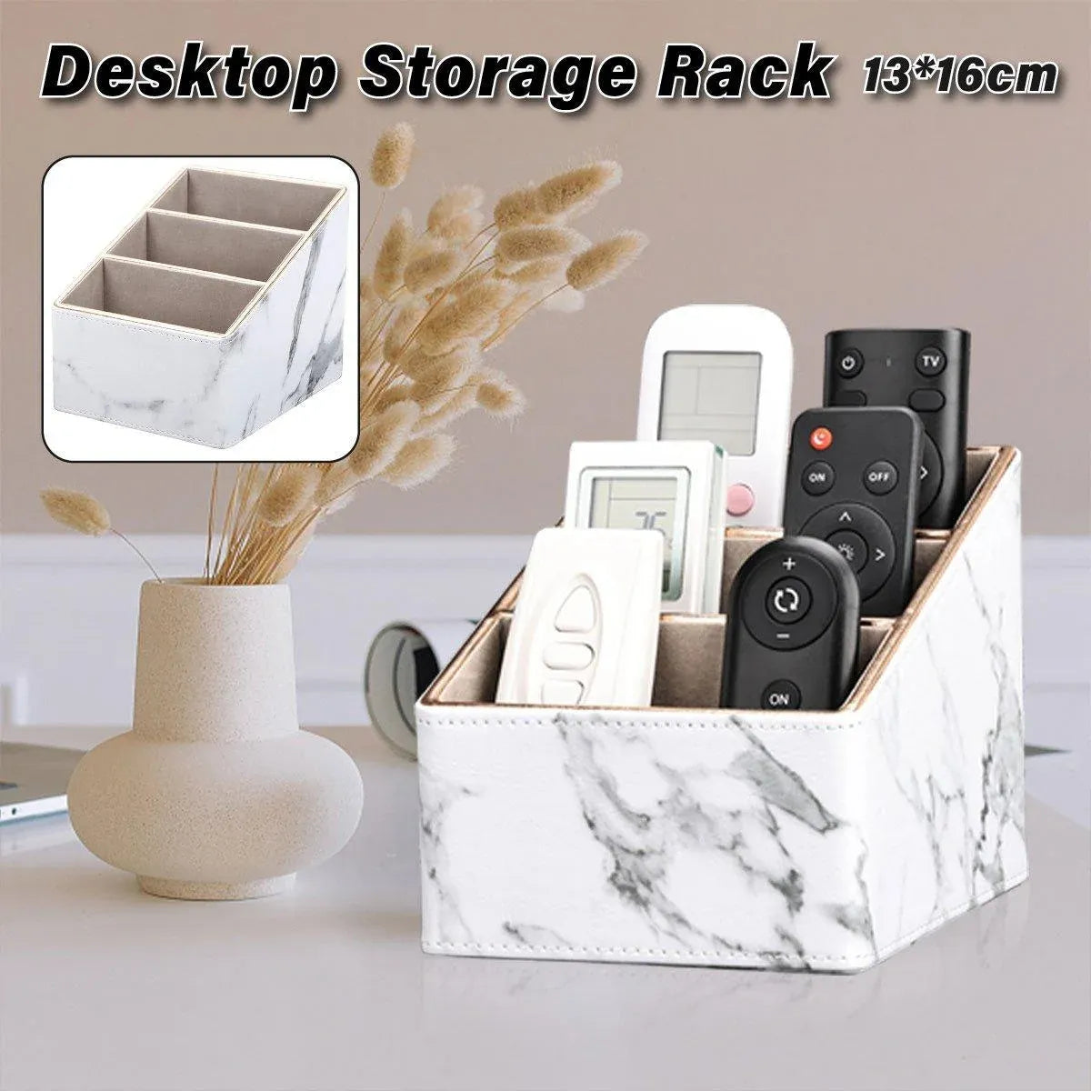 1-Piece White Marble-Pattern Three-Compartment Desktop Organiser