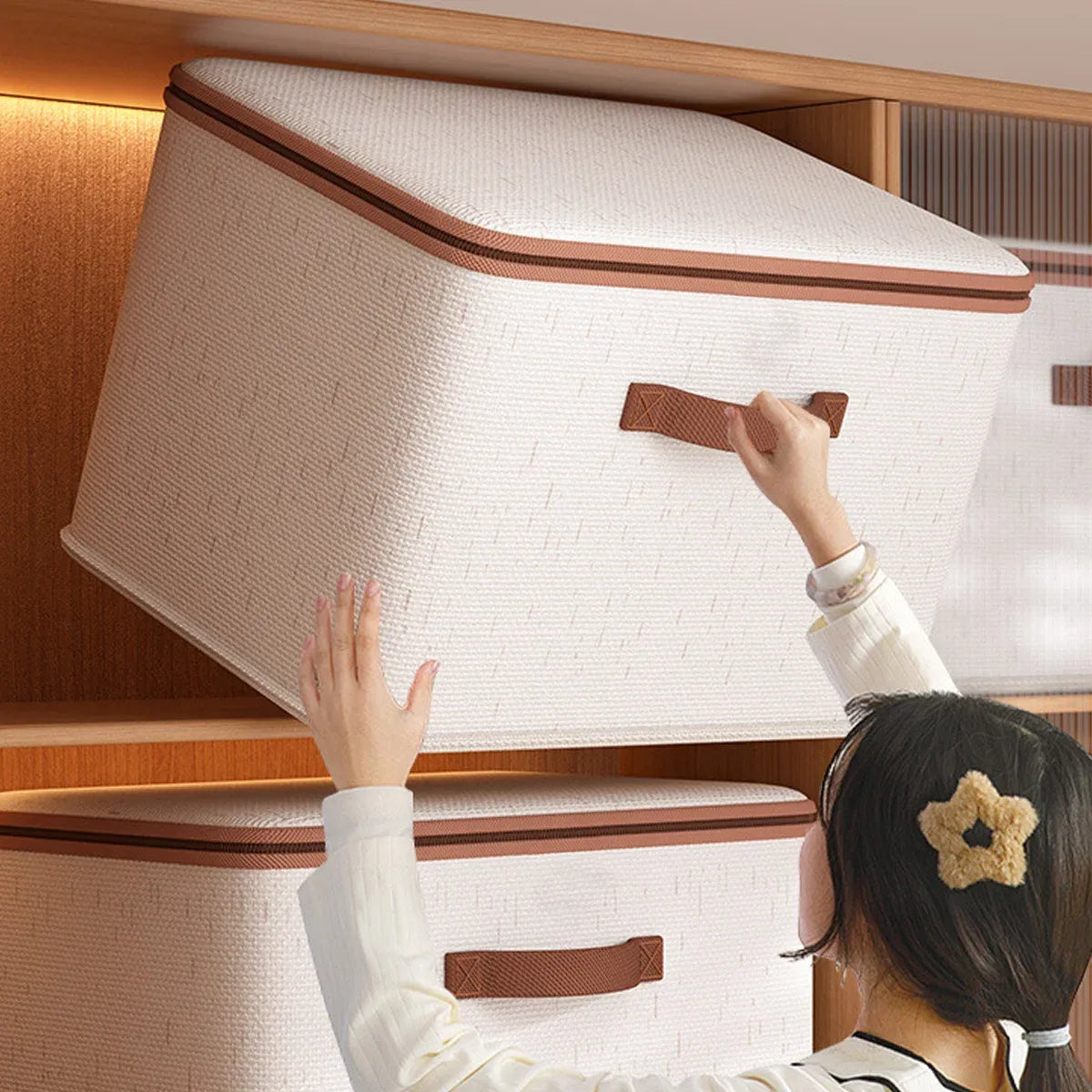 Large-Capacity Home Fabric Foldable Clothes Storage Basket with Lid for Pants - Cream