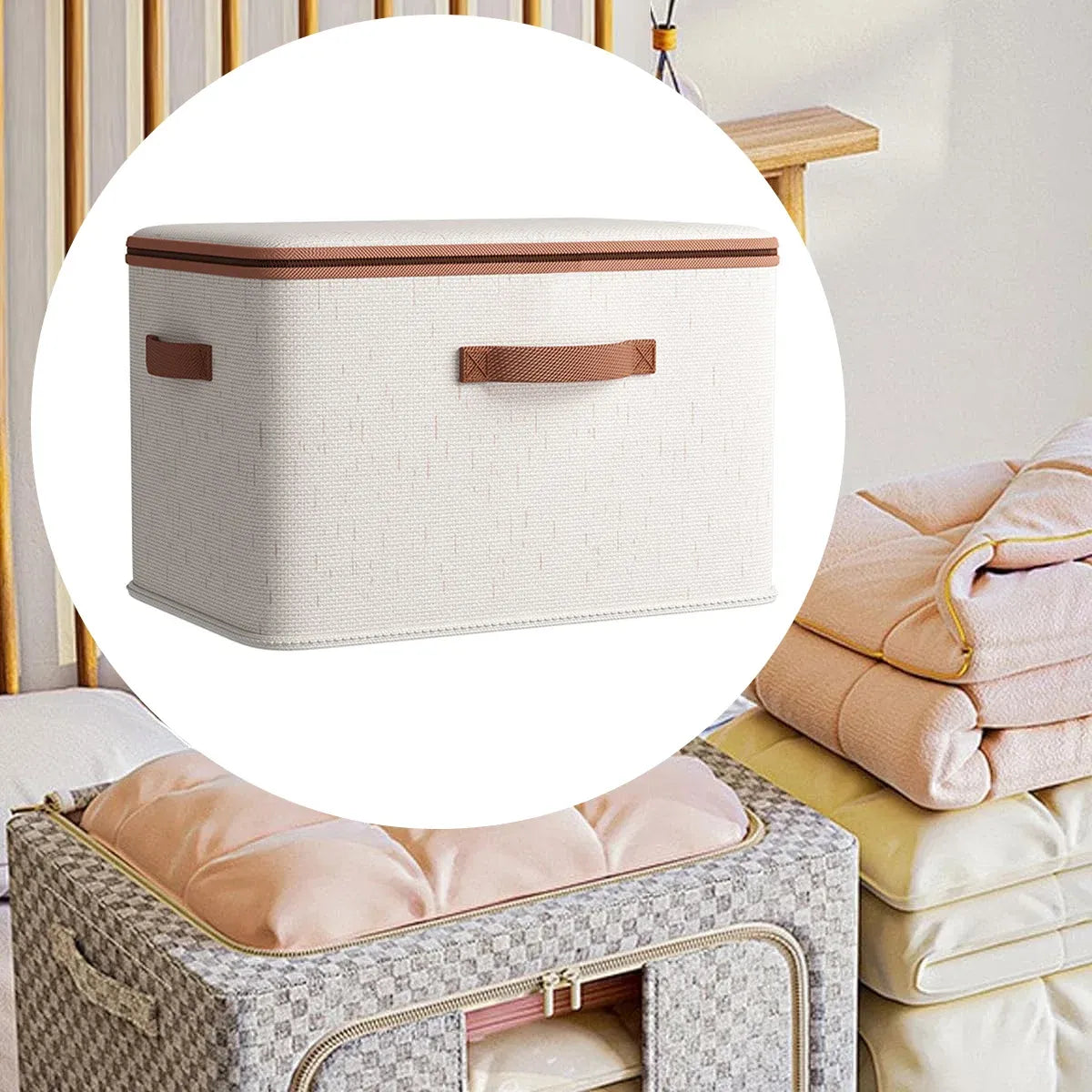 Large-Capacity Home Fabric Foldable Clothes Storage Basket with Lid for Pants - Cream