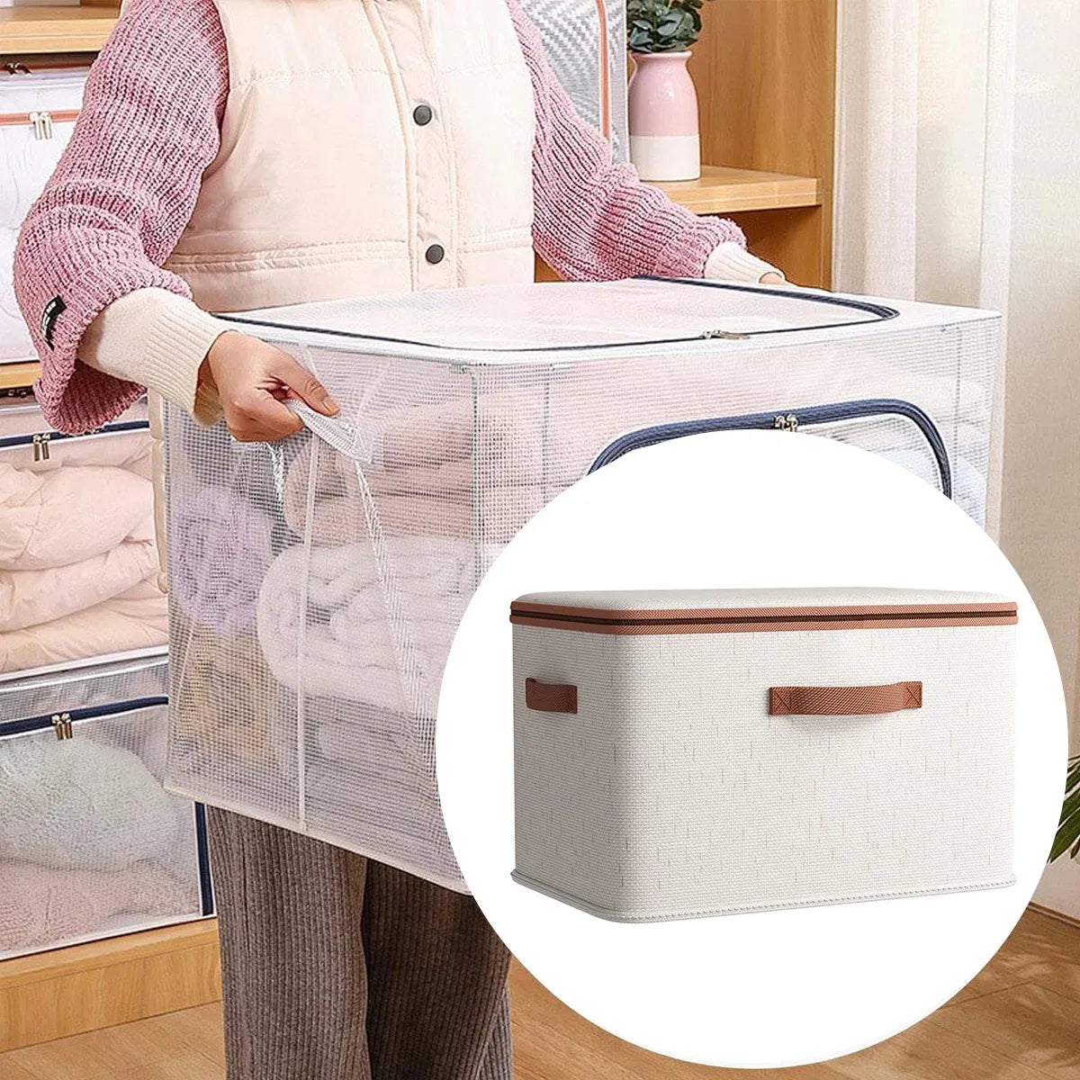 Large-Capacity Home Fabric Foldable Clothes Storage Basket with Lid for Pants - Cream