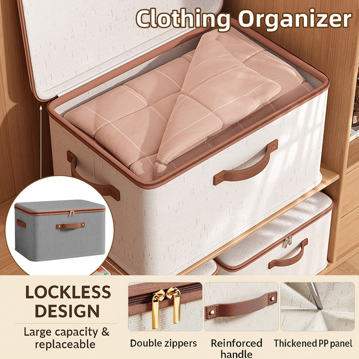 Clothing Storage Basket Large Capacity Foldable Organizer with Cover Household - Grey