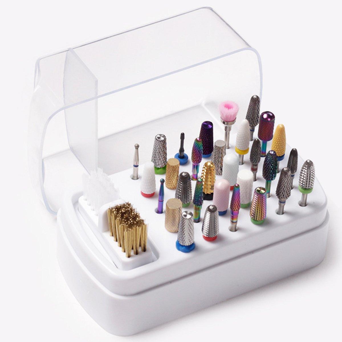 Nail Drill Bit Holder 30 Hole Dustproof Organizer Display Storage Box Nail Tool - White