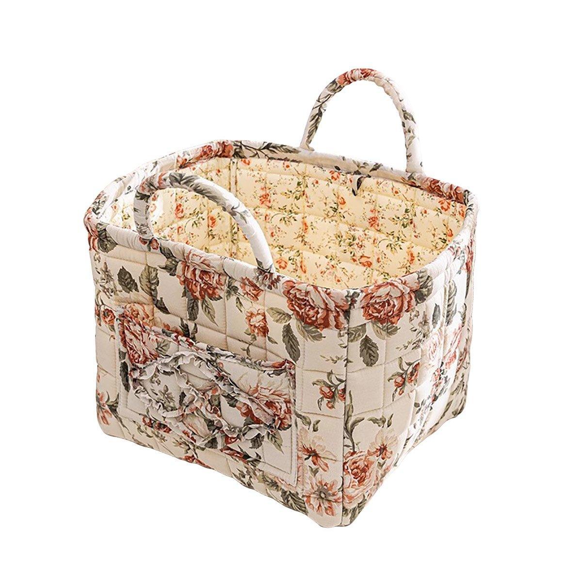 Portable Fabric Storage Basket Korean Pastoral Style Organizer for Home Sundries - Floral2
