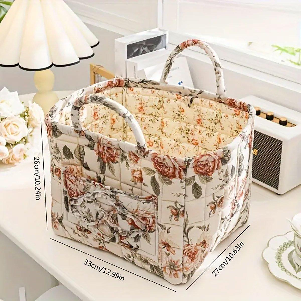 Portable Fabric Storage Basket Korean Pastoral Style Organizer for Home Sundries - Floral5
