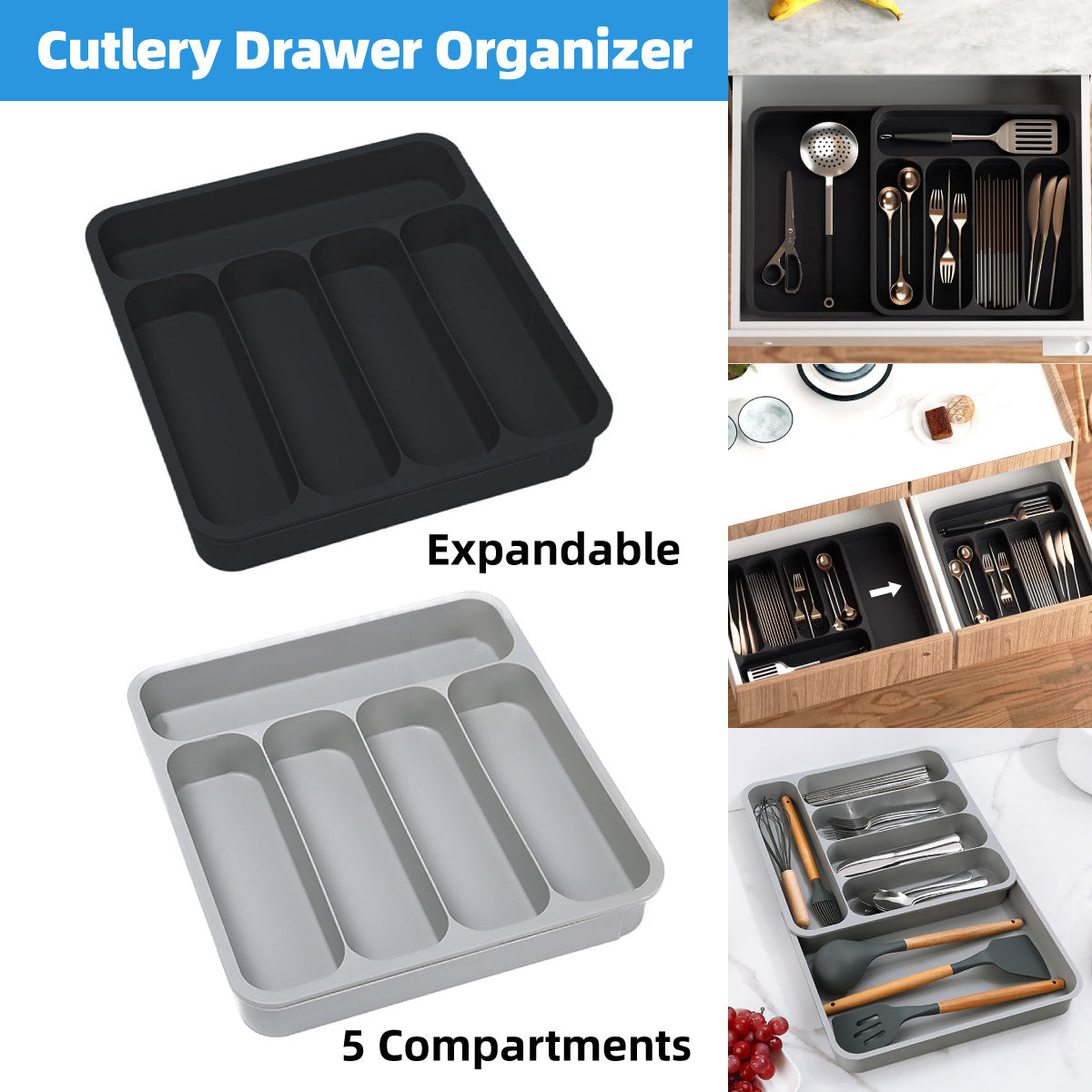 Expandable Cutlery Drawer Organizer Adjustable 6 Slot Kitchen Utensil Tray - Grey