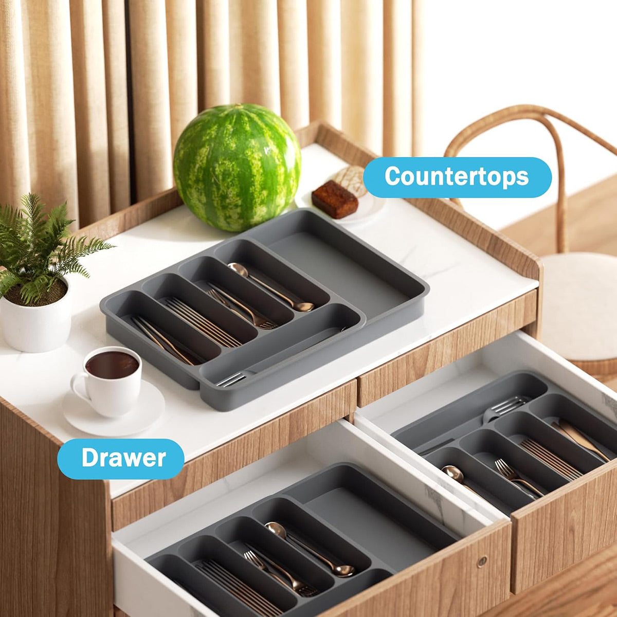 Expandable Cutlery Drawer Organizer Adjustable 6 Slot Kitchen Utensil Tray - Grey