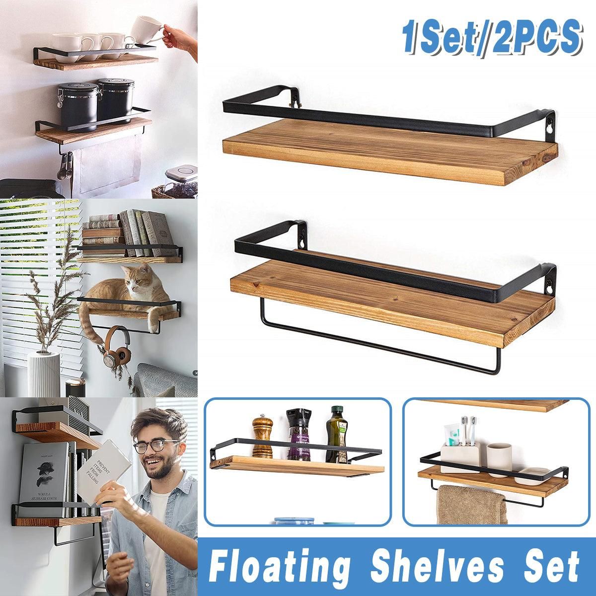 2-Piece Floating Wall Shelf Set with Towel Rails, Light Brown