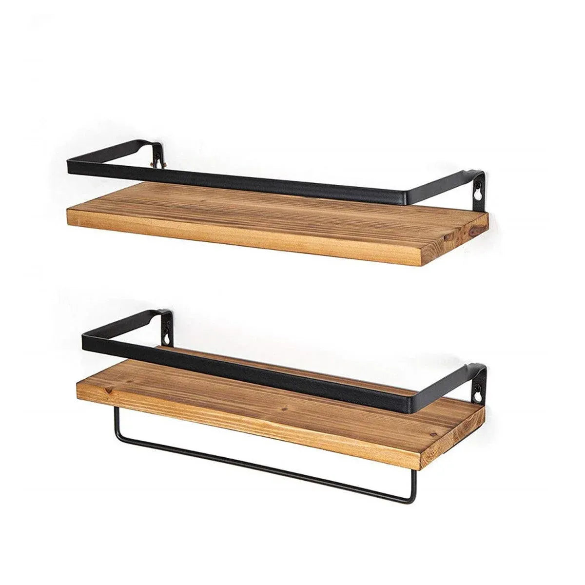 2-Piece Floating Wall Shelf Set with Towel Rails, Light Brown
