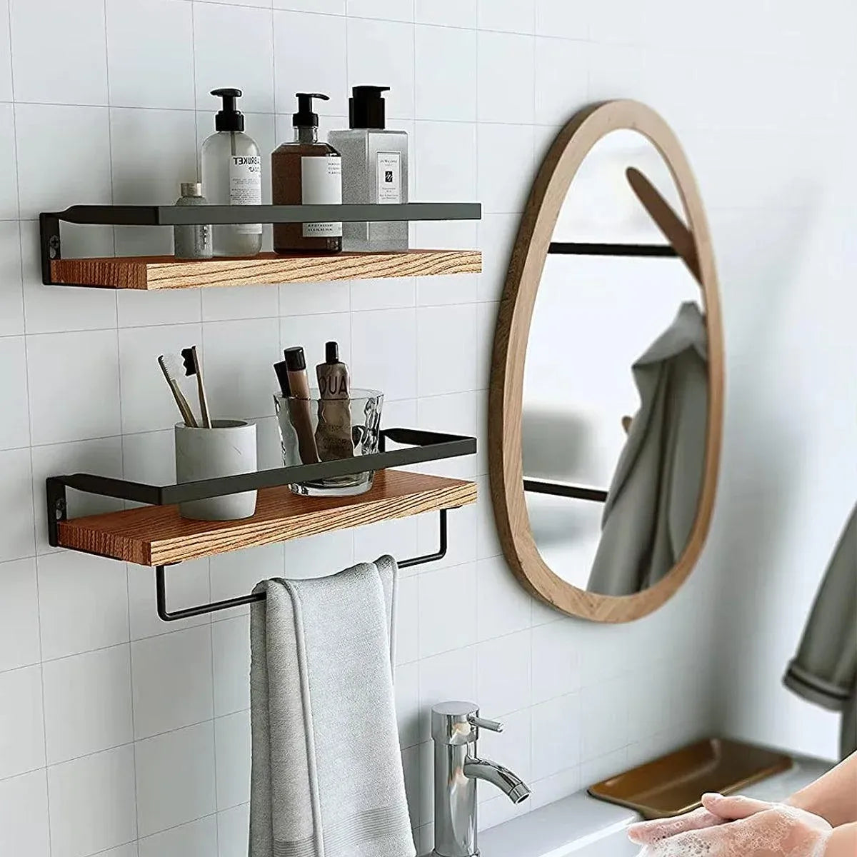 2-Piece Floating Wall Shelf Set with Towel Rails, Light Brown