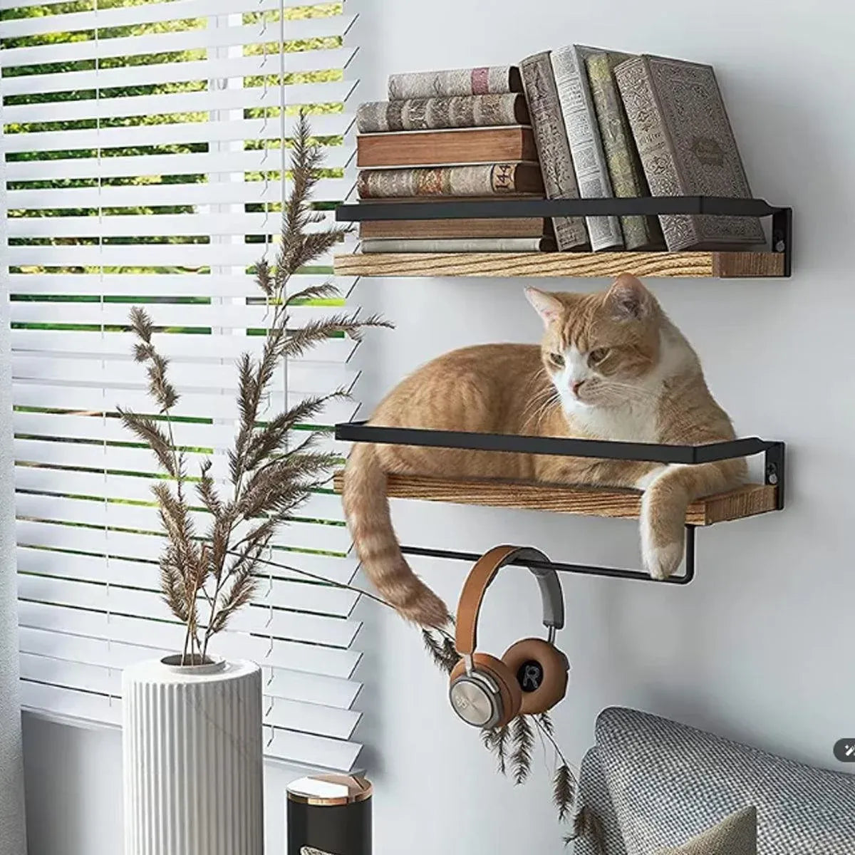 2-Piece Floating Wall Shelf Set with Towel Rails, Light Brown