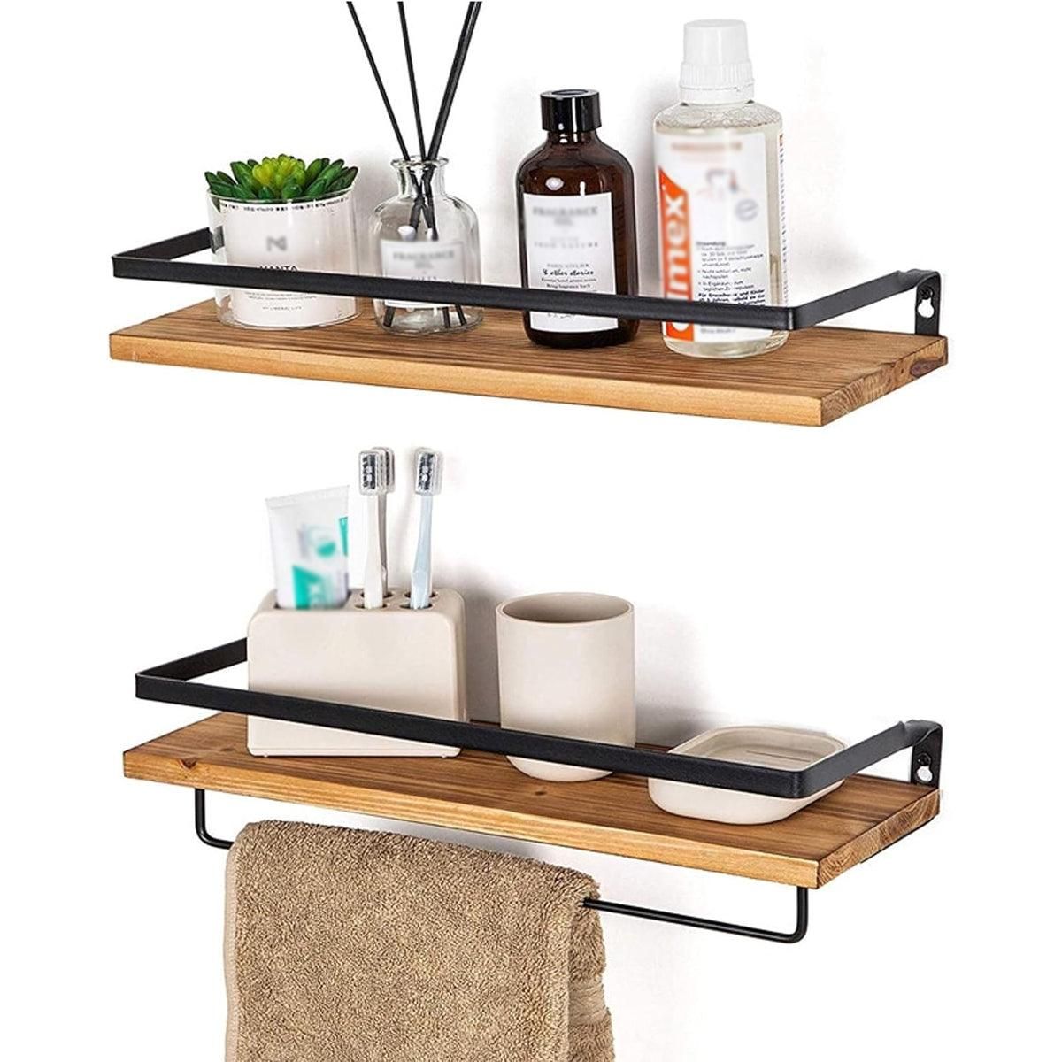 2-Piece Floating Wall Shelf Set with Towel Rails, Light Brown