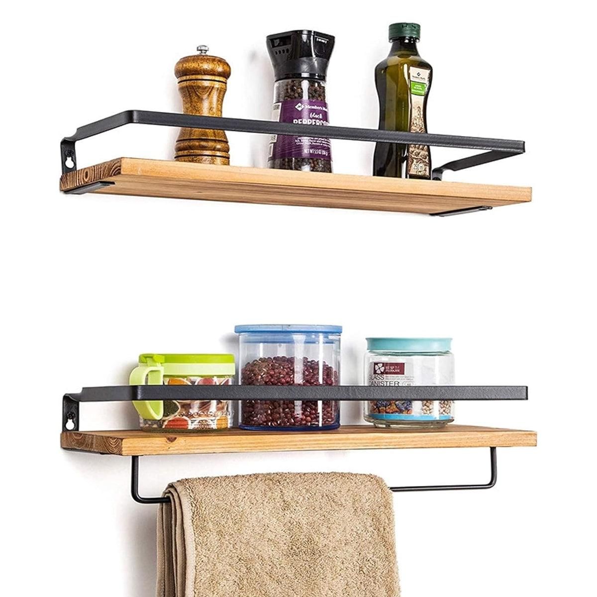 2-Piece Floating Wall Shelf Set with Towel Rails, Light Brown