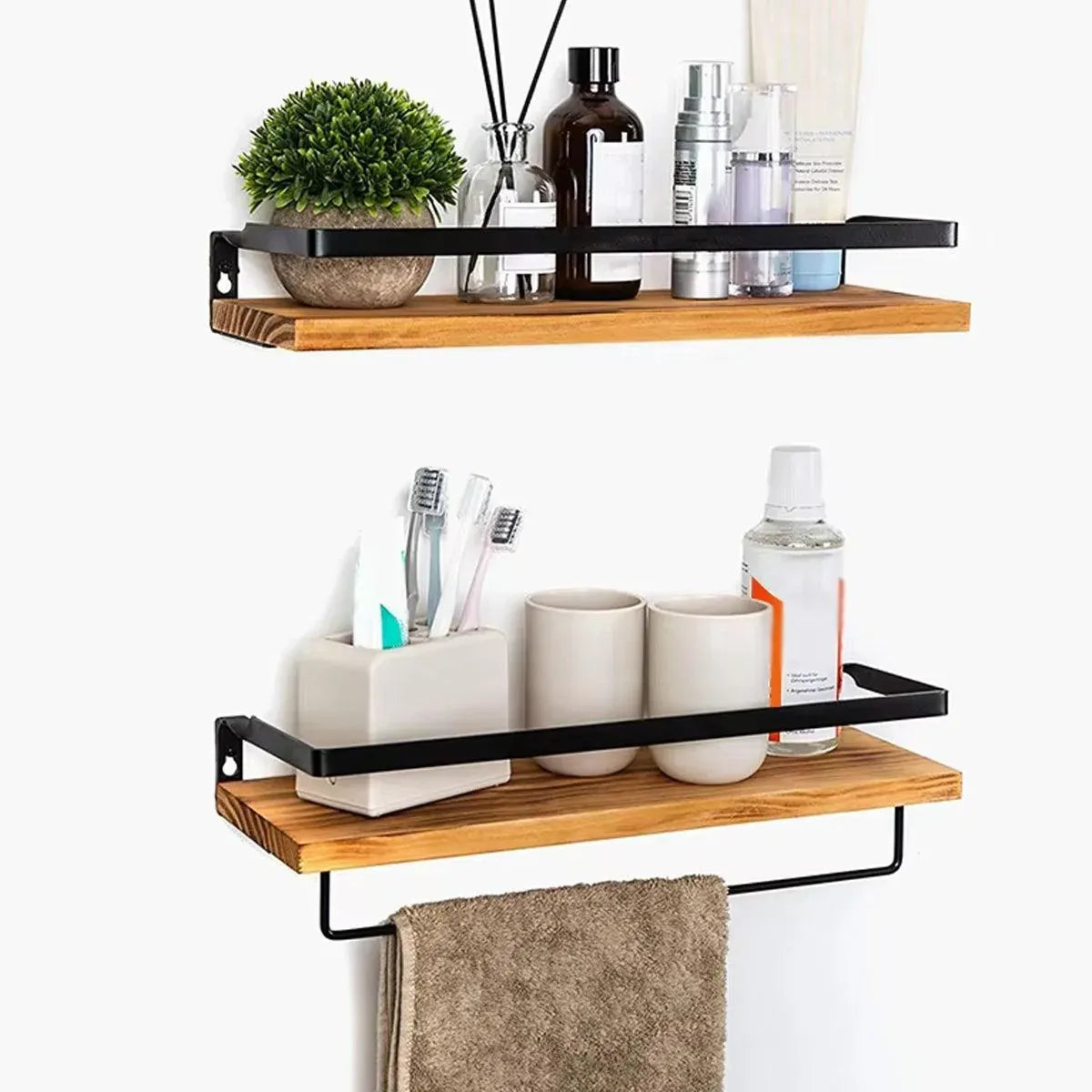 2-Piece Floating Wall Shelf Set with Towel Rails, Light Brown