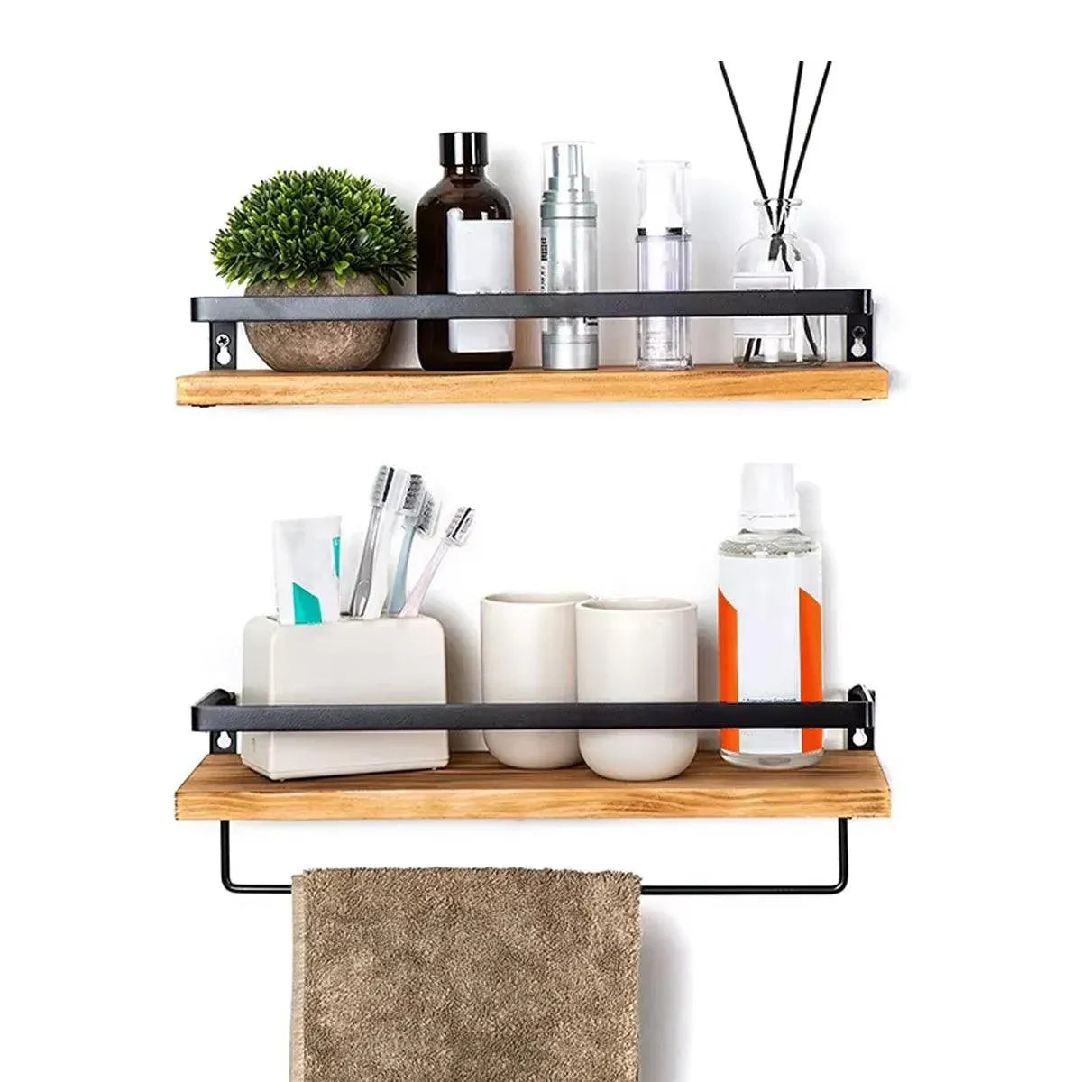 2-Piece Floating Wall Shelf Set with Towel Rails, Light Brown