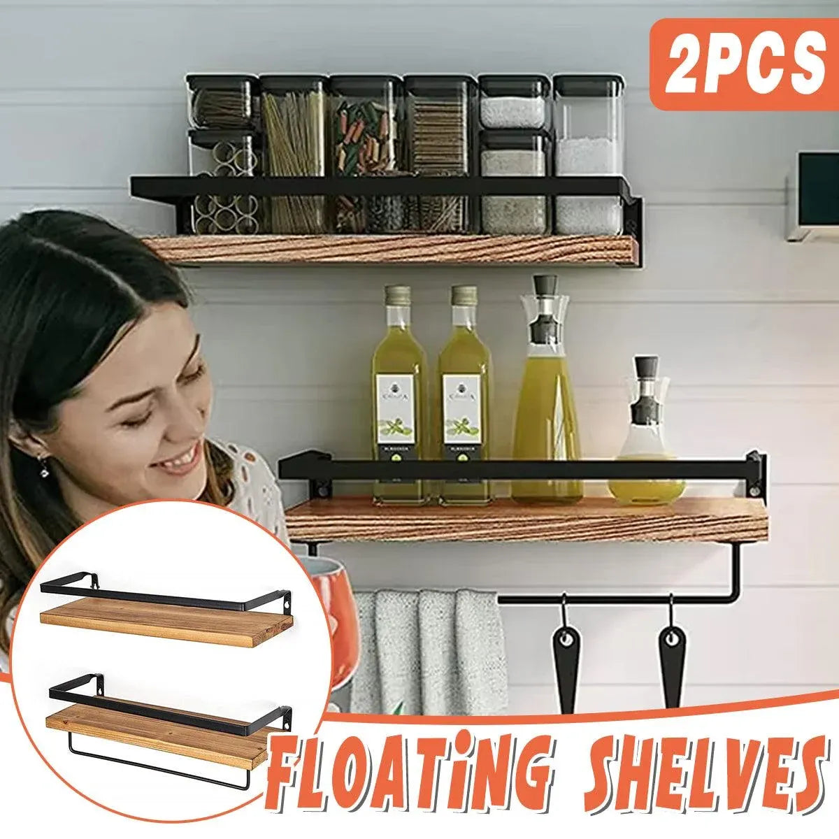 2-Piece Floating Wall Shelf Set with Towel Rails, Light Brown