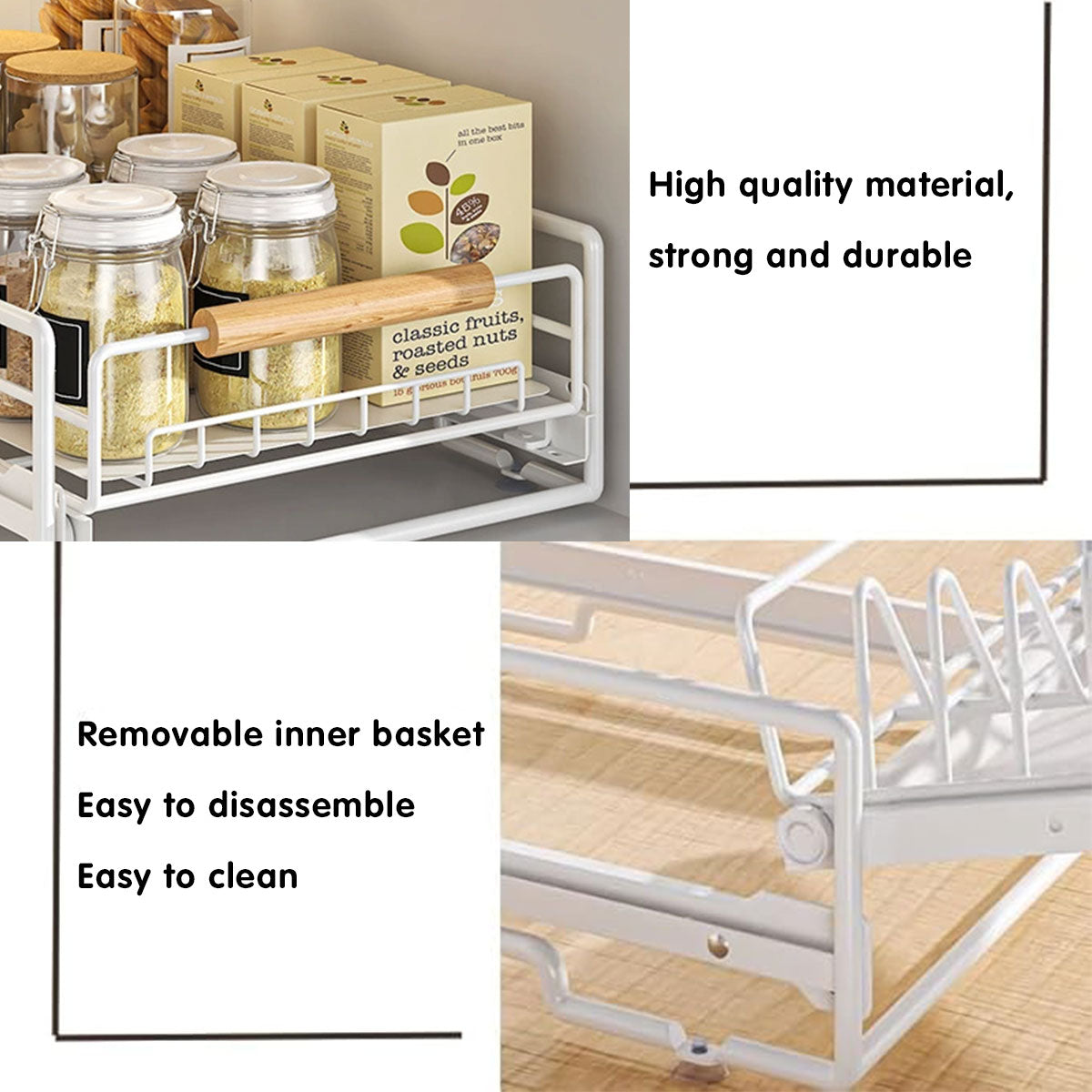 Pull Out Kitchen Storage Rack Basket Drawer Dish Organizer Slide Cabinet Shelf - White