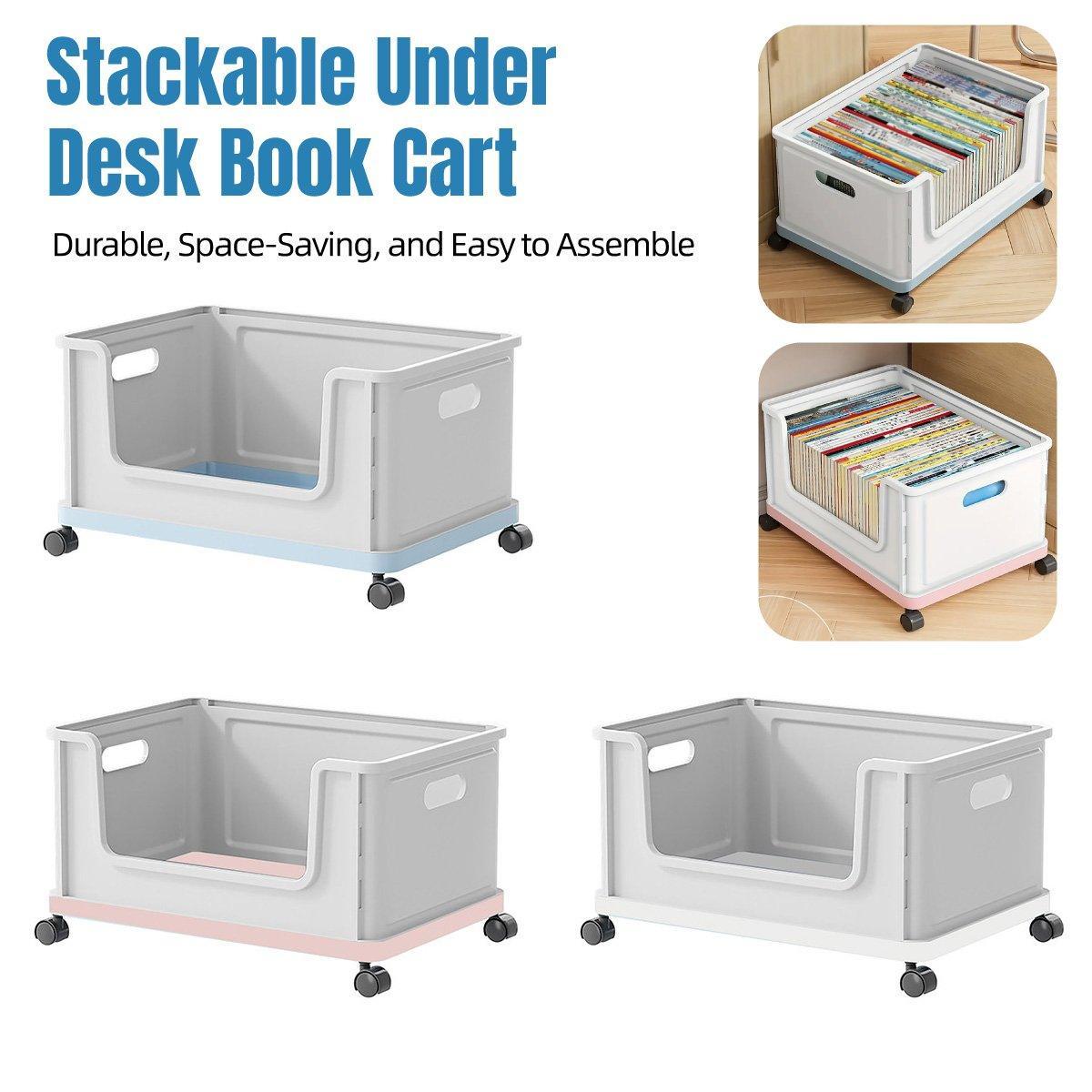 Under Desk Book Storage Box with Wheels Movable Classroom Student Organiser Rack - White