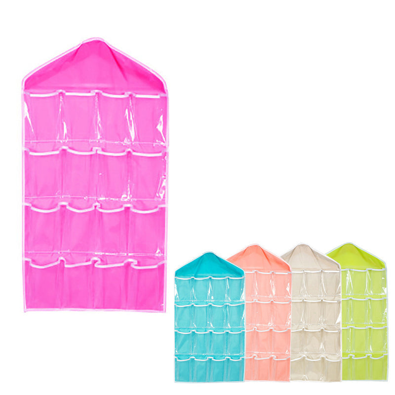 16 Pockets Hanging Wardrobe Storage Organizer Bag for Socks and Underwear - Rose Red