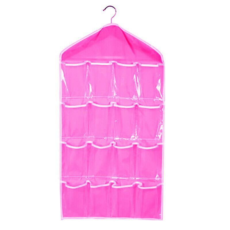 16 Pockets Hanging Wardrobe Storage Organizer Bag for Socks and Underwear - Rose Red