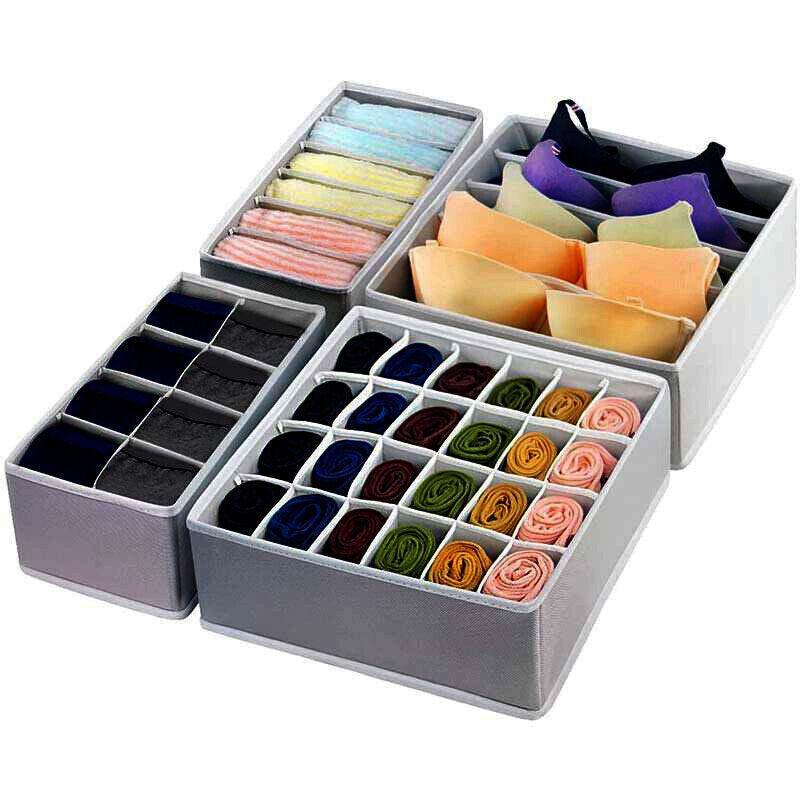 Drawer Organizer Set Foldable Storage Box Divider for Bra Underwear Closet 4pcs - Grey
