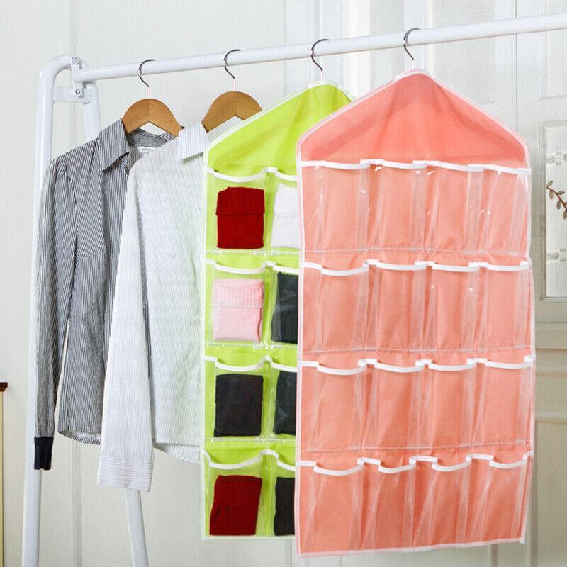 16 Pockets Hanging Wardrobe Storage Organizer Bag for Socks and Underwear - Cream