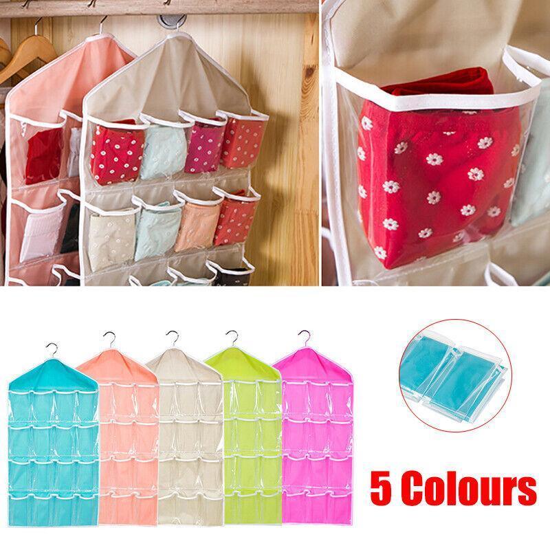 16 Pockets Hanging Wardrobe Storage Organizer Bag for Socks and Underwear - Green